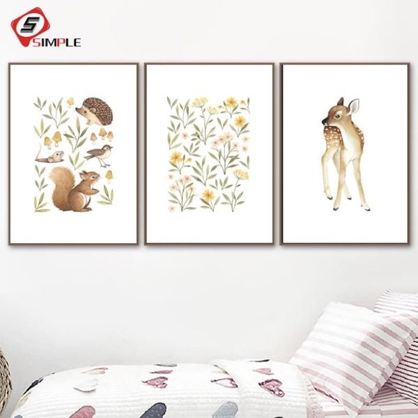 Peintures Pépinière Woodland Wall Art Squirrel Deer Toile Peinture Fleur Affiches et impressions Little Forest Animaux Photos pour Liv219U