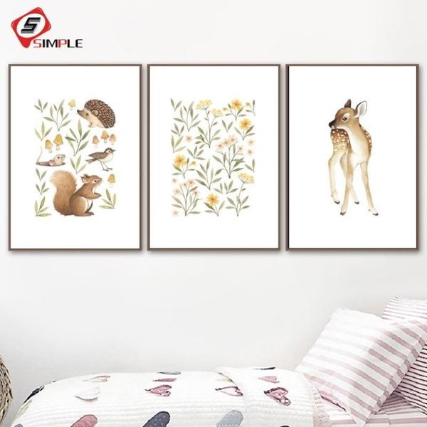 Peintures Pépinière Woodland Wall Art Squirrel Deer Toile Peinture Fleur Affiches et impressions Little Forest Animaux Photos pour Liv255a