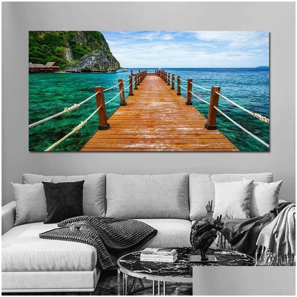 Peintures Vieux Pont de Bois Affiches Toile Peinture Mur Art Photos pour Salon Mer Lac Paysage Impressions Ciel Coucher de Soleil Maison Moderne D Dhhzf