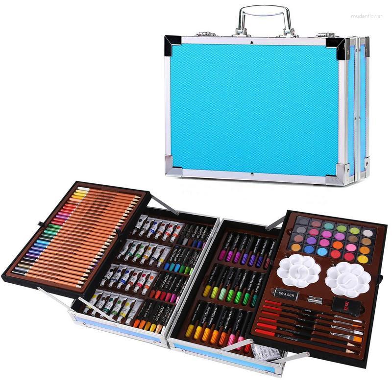 Colorful Artistic Supplies Set: 145-Piece Oil Stick, Watercolor Pen, and Aluminium Crayons in realistic paint studio Box