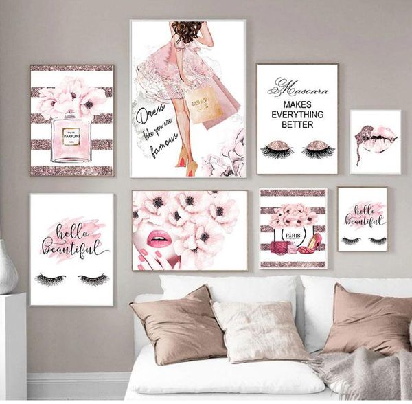 Peintures Peinture Mur Photo Moderne Fille Chambre Décoration Rose Fleur Parfum Mode Affiche Cils Lèvres Maquillage Imprimer Canv7090016