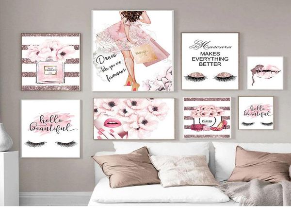 Peintures Peinture Mur Photo Moderne Fille Chambre Décoration Rose Fleur Parfum Mode Affiche Cils Lèvres Maquillage Imprimer Canv2965732