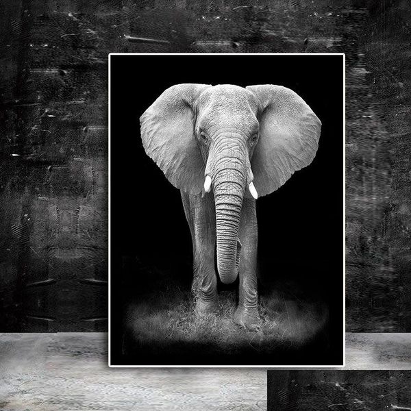 Peintures peintes d'animaux sauvages en noir et blanc africain éléphant affiches affiches imprimés moderne art mural image salon cuadros dro dhnm0