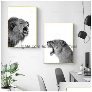 Peintures Peintures 2 pièces Toile Peinture Lion et Lionne Affiche Animal Mur Art Imprimer Image Noir Blanc Bois pour Salon Maison