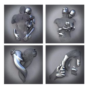 Schilderijen 4 stuks liefde hart 3D-effect kunst aan de muur abstracte metalen figuur standbeeld kunst canvas schilderij 19 7 inch moderne woning Deco288j