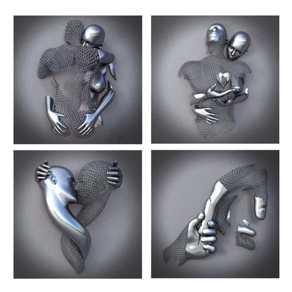 Peintures Peintures 4 pièces amour coeur effet 3D mur art abstrait métal figure statue art toile peinture 19 7 pouces moderne maison déco208V