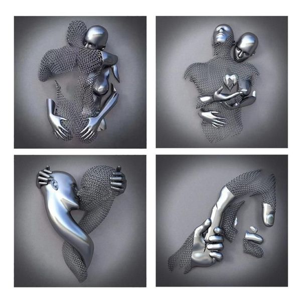 Peintures Peintures 4 pièces amour coeur effet 3D mur art abstrait métal figure statue art toile peinture 19 7 pouces moderne maison déco282i