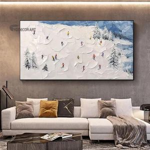 Schilderijen Schilderijen Originele handgeschilderde witte sneeuw skiën op besneeuwde berg abstracte textuur schilderij canvas moderne muur kunst voor thuis deco