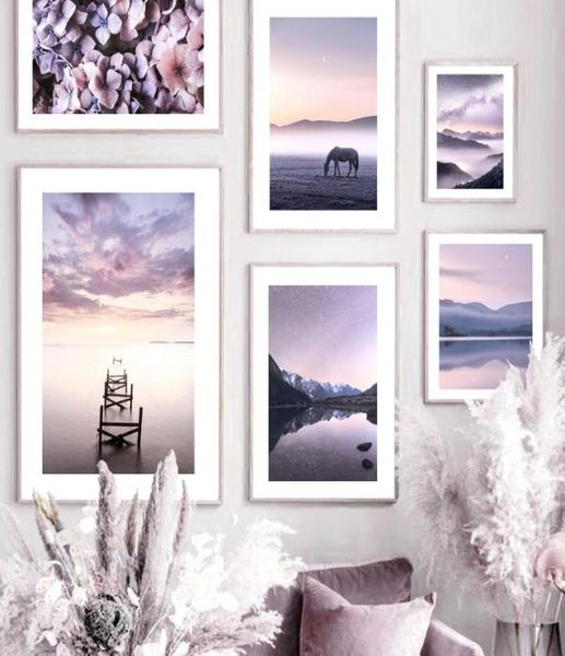 Dipinti Viola Paesaggio Orizzonte Cavallo Lago Calmo Fiore Nebbia Nordic Poster Wall Art Stampa Su Tela Pittura Decor Picture Living Ro6421251