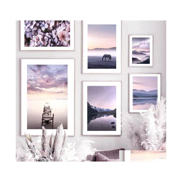 Peintures Violet Paysage Cheval Lac Calme Fleur Brouillard Nordique Affiche Mur Art Imprimer Toile Peinture Décor Photo Salon Drop De Dhbep