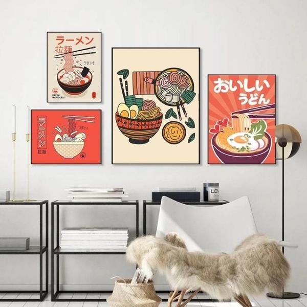 Pinturas Ramen Fideos con huevos Lienzo Póster Japonés Vintage Sushi Comida Pintura Retro Cocina Restaurante Arte de la pared Decoración 237O