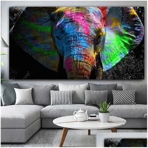 Pinturas Reliabli Colorf Elefante africano Lienzo Pintura Arte de la pared Animal Óleo Tamaño enorme Impresiones Pósteres para sala de estar Drop Deliver Dhgf2