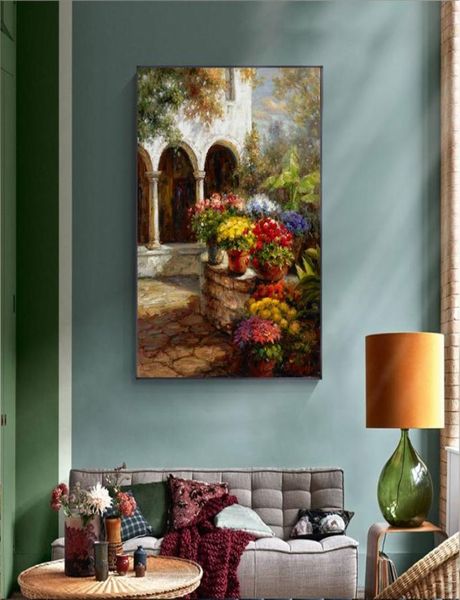 Peintures Rétro Jardin Paysage Fleur Peinture à l'huile Impression sur toile Affiche nordique Mur Art Image pour salon Décoration de la maison 5889134