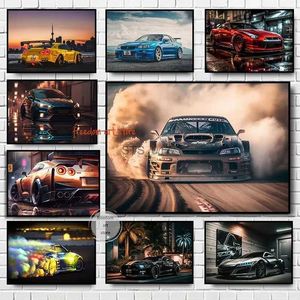 Peintures Rétro Nissan Skyline R34 GT R Drift Car Paysage Art Affiche Toile Peinture Mur Art Imprimer Image pour Chambre Décor À La Maison