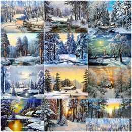 Peintures Ruopoty Coloriage par numéros Images d'hiver Peinture à l'huile Paysage de neige Kits de décoration de maison Ding Toile peinte à la main Drop Deliv Dh2Nj