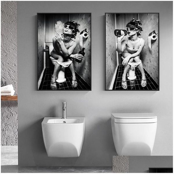 Peintures Sexy Femme Affiche Boire Fumer Fille Mur Art Photos Pour Salon Toilette Salle De Bains Toilettes Décor À La Maison Portrait Pri Dhkkw