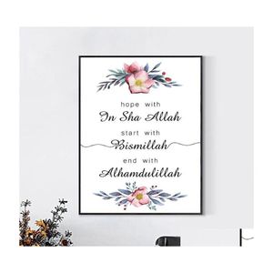 Schilderijen beginnen met Bismillah Islamitische citaten Moslimposter Canvas schilderen schilderij bloemenprint muur kunstfoto voor woonkamer thuis decor dho1k