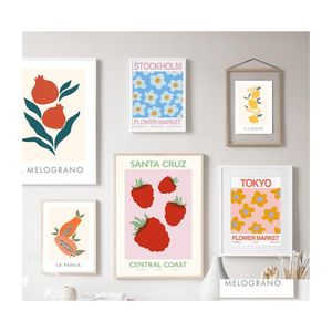 Pinturas Stberry Fruit Flower Market Leaf Wall Art Canvas Pintura Nórdicos Posters e impresiones Imágenes para la decoración de la sala de estar Drop de Dhasz