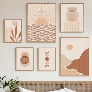 Pinturas Sun Moon Leaves Line Geometry Abstract Boho Wall Art Canvas Pintura Pósters e impresiones Imágenes para la sala de estar Decoración para el hogar