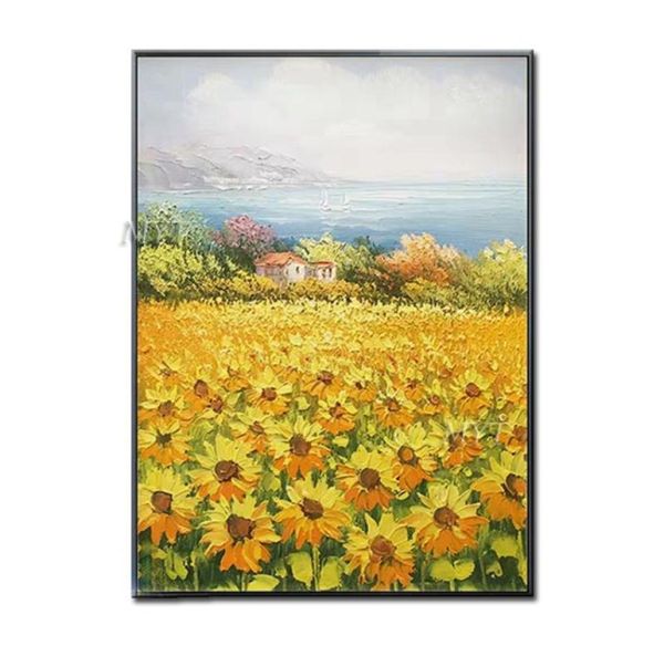 Pinturas pueblos soleados y campos de flores Resumen Pintura al óleo Modern Wall Art Sala de estar sin marco Decoración del hogar9864097