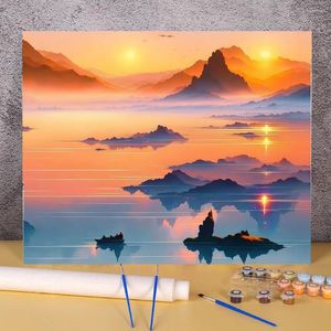 Peintures Sunset Lake Peinture de bricolage par numéros Kit complet Peintures à l'huile 50 70 Toile Photos Décoratives pour enfants Handiwork Paysage