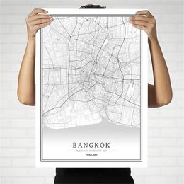 Pinturas de Tailandia, póster de mapa de ciudad en blanco y negro, sala de estar nórdica, Bangkok, Phuket, arte de pared, decoración del hogar, pintura en lienzo, regalo creativo