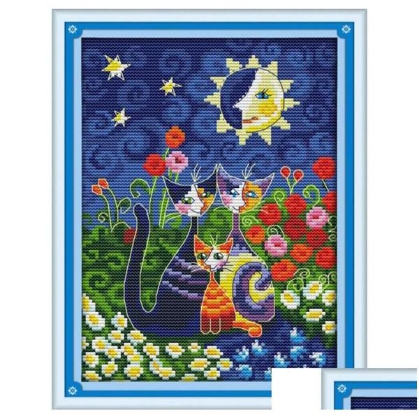 Peintures Les chats sous Sun1 Modèle compté imprimé sur toile DMC 11Ct 14Ct Kit de point de croix chinois Kit de couture Ensemble de broderie 156Z Dhkkc