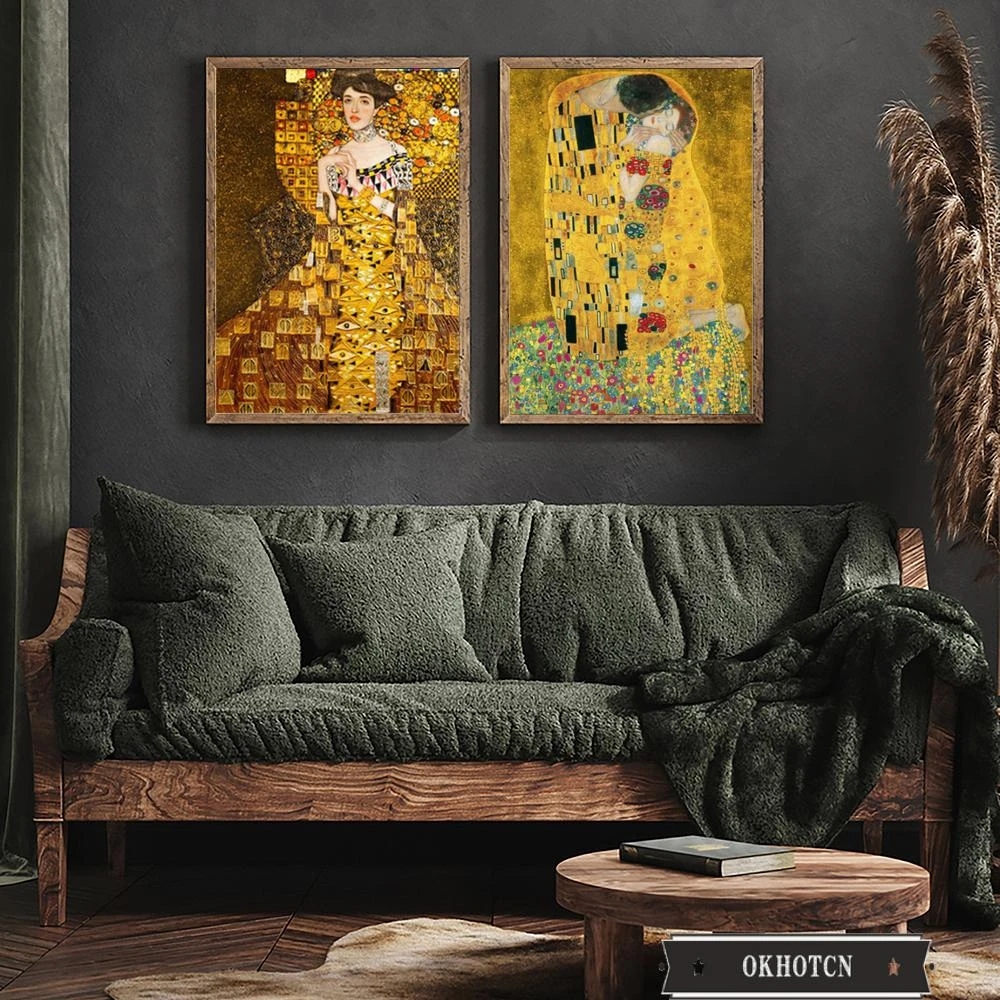 Klimt's Kiss Retro Canvas Wall Art: HD Print of Famous Adele Bloch Bauer Painting for Living Room Decor