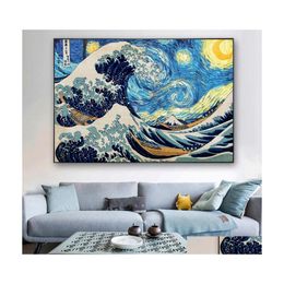 Pinturas La ola de Kanagawa Lienzo en carteles de arte de pared e impresiones Imágenes de paisajes marinos famosos clásicos Cuadros Drop Delivery Home Dh8Aj