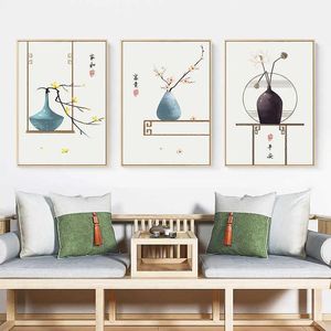 Schilderijen Traditionele Chinese stijl Poster Bloemenvaas Muur Canvas Schilderij Minimalistische Print Muur Foto's voor Woonkamer Home Decor X0