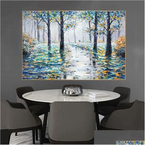 Peintures Arbre Couteau Peinture Huile Sur Toile Impressions Mur Art Photos Pour Salon Décor À La Maison Forêt Route Paysage Cuadros Drop D Dhjbc