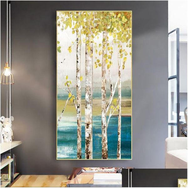 Pinturas Árbol Cartel Paisaje Arte de la pared Imágenes para sala de estar Pintura al óleo sobre lienzo Impresiones Decoración interior Abedul blanco Hogar D Dh51S