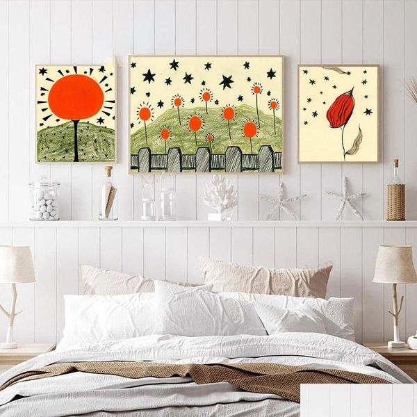 Peintures vintage moderne du milieu du siècle abstrait étoile jardin art mini imprimés toivas peinture affiche du soleil images de fleurs de pépinière décor 2 dhbor