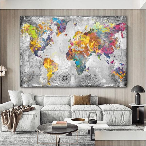 Pinturas Vintage World Map Posters Abstract Retro Prints Canvas Painting Decoraciones de interior Wall Art Pictures para la sala de estar Home Dhgzf