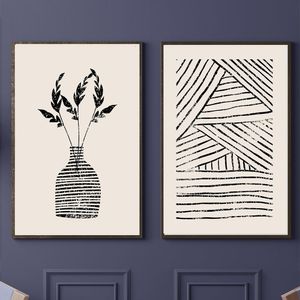 Schilderijen Wall Art Zwart en Wit Strepen Geometrische Vaas Bladeren Plant Canvas Schilderij Nordic Posters En Prints Foto's Voor Woonkamer 230701