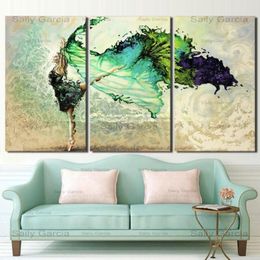 Schilderijen Wall Art Posters Modulaire Frame HD Gedrukt Foto 3 Stuks Home Decor Groene Ballerina Meisje Vlinder Dansen Canvas271L