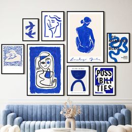 Pinturas Arte de la pared Impresión Lienzo Imágenes Azul Chica Cuerpo S Línea Minimalista Abstracto Sala de estar Decoración del hogar Pintura Cartel Salón 230828