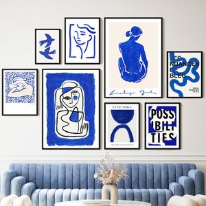 Peintures Wall Art Print Toile Photos Blue Girl Body S Line Minimaliste Abstrait Salon Décoration de la maison Peinture Affiche Salon 230828