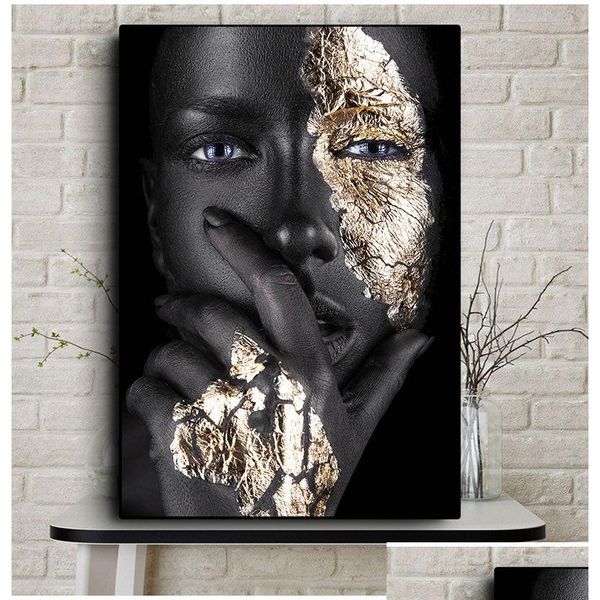 Pinturas Pinturas en lienzo de pared e impresiones Imagen de artes escandinavas para sala de estar Arte africano Pintura al óleo de mujer de oro negro en Cuad Dhxip