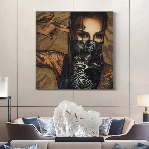 Peintures portant un masque tatouage fille Portrait peinture à l'huile affiches et impressions sur toile mur Art photo pour salon Cuadros décor à la maison