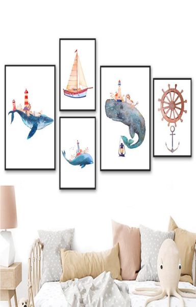 Peintures Baleine Voilier Phare Nautique Mer Dessins Animés Mur Art Toile Peinture Nordique Affiches Et Impressions Photos Chambre D'enfants De3945192