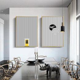 Schilderijen witte zwarte lijnmuur met gele deurpaard Posters Canvas kunst Woondecoratie schilderij foto's voor de woonkamer