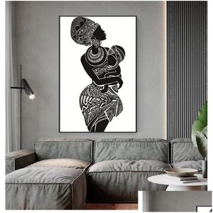 Peintures Blanc Mur Photo Affiche Imprimer Home Decor Beautif Femme africaine avec bébé Chambre Art Toile Peinture Noir et Drop Deli Dh6HS