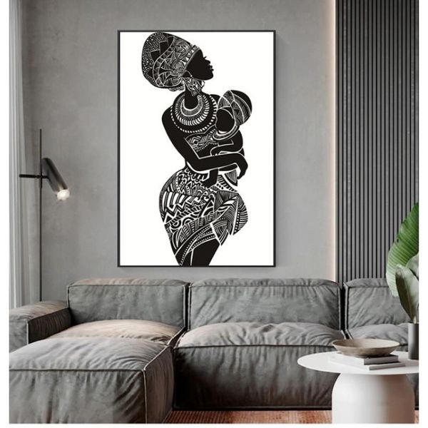 Pinturas Imagen de pared blanca Póster Impresión Decoración para el hogar Hermosa mujer africana con bebé Dormitorio Arte Lienzo Pintura Negro And2965