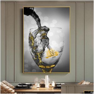 Schilderijen Wijnglas Bekers Poster Gouden Canvas Schilderij Abstract Boot Cuadros Muur Kunst Foto's Voor Woonkamer Modern Home Decor Nee Dhq1V