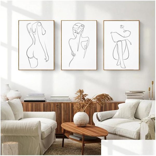 Pinturas Mujer One Line Ding Art Canvas Pintura abstracta femenina figura desnuda Coster Cuerpo minimalista Nordic para decoración del hogar Dro Dhaw1