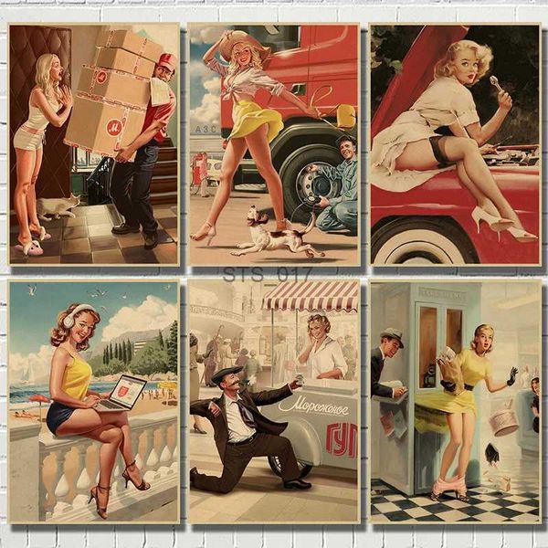 Peintures Seconde Guerre mondiale Rouge PIN-UP GIRLS URSS Soviétique Vintage Kraft Papier Rétro Affiche Bar Café Salon Mur Peintures Décoratives