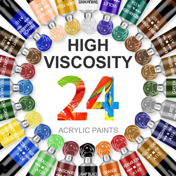 Peintures acryliques peintures 12 24 couleurs ensemble professionnel 12 ml tubes artiste dessin gouache tissu en verre d'huile de verre peinture de couleur