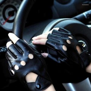 Par unisex negro PU cuero guantes sin dedos femenino medio dedo conducción mujeres hombres moda punk mitones luvas1