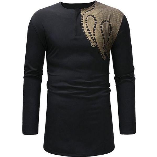 Paisley chemise noire hommes Style africain mince longue Robe hommes vêtements ethnique Dashiki Camisas Bazin hauts imprimer t-shirts 210524252o